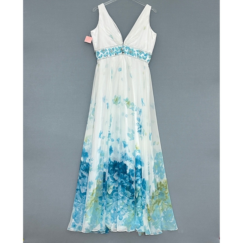 VTG Tony Bowls Le Gala Woman Dress 14 White Blue Floral Beaded Ethereal Romantic - Picture 5 of 16